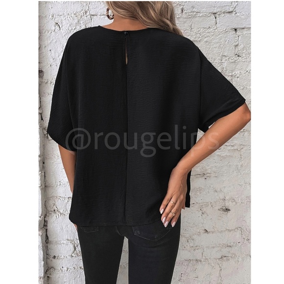 Side Tie Black Blouse Top Flowy Batwing Sleeve Relaxed Fit - Picture 3 of 7